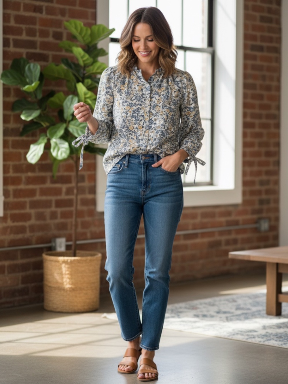 Grey background floral blouse small